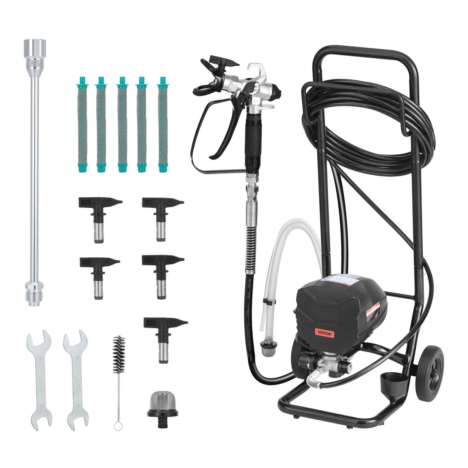 Pulverizador de pintura sin aire VEVOR con soporte, 650 W, 3000 PSI, pulverizador de alta presión con carro, cepillo de limpieza, manguera, varilla de extensión, boquillas, máquina de pintura eléctrica para exteriores e interiores de viviendas