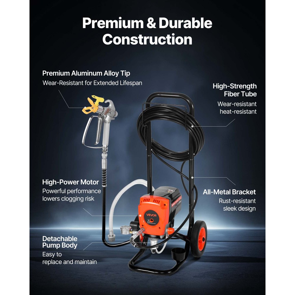 Pulverizador de pintura sin aire VEVOR de alta presión de 900 W y 3300 PSI con carro, cepillo de limpieza, manguera, varilla de extensión y boquillas. Máquina eléctrica para pintar en aerosol para interiores y exteriores.