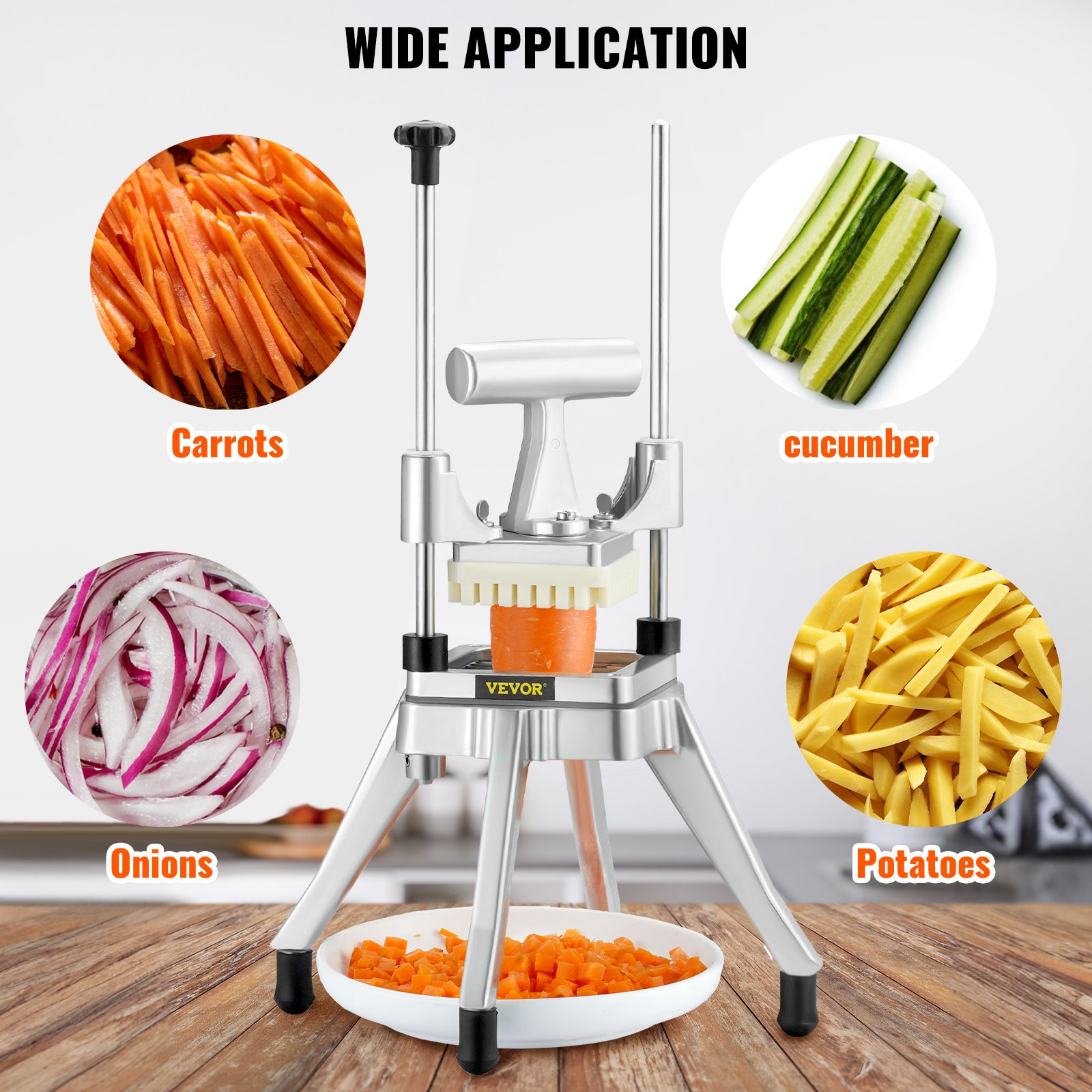 VEVOR Picadora comercial de frutas y verduras, hoja de 1/4 pulgadas, cortador de alimentos profesional resistente, cortador de patatas fritas Kattex, cortador de cebolla de acero inoxidable para tomate, pimiento, patata y champiñones