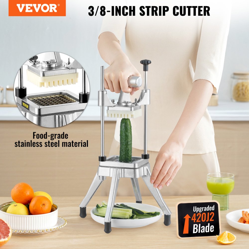VEVOR Picadora comercial de frutas y verduras, cuchilla de 3/8 ″, cortadora de alimentos profesional resistente, cortadora de patatas fritas Kattex, cortadora de cebolla de acero inoxidable para tomate, pimiento, patata, champiñones, astilla