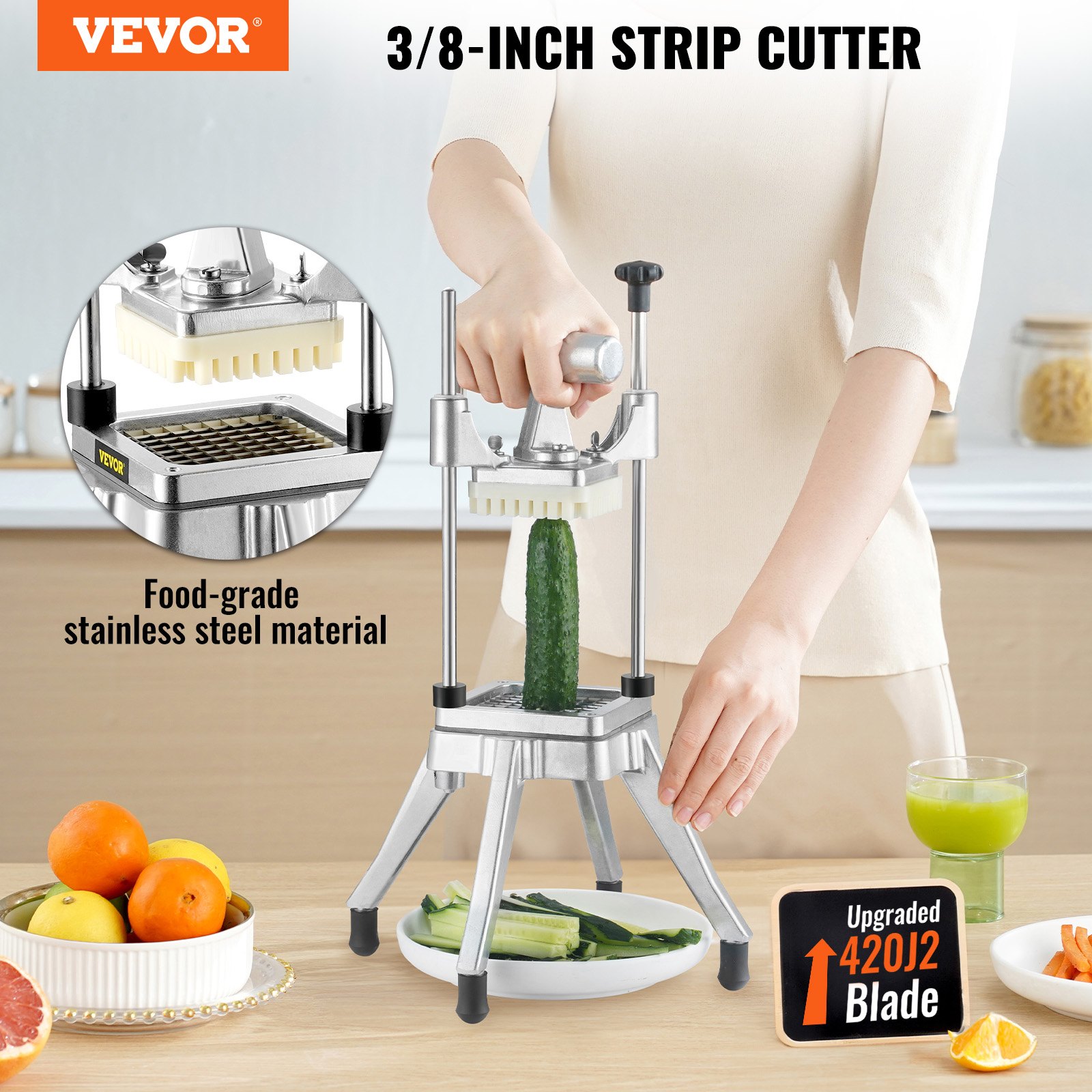 VEVOR Picadora comercial de frutas y verduras, cuchilla de 3/8 ″, cortadora de alimentos profesional resistente, cortadora de patatas fritas Kattex, cortadora de cebolla de acero inoxidable para tomate, pimiento, patata, champiñones, astilla