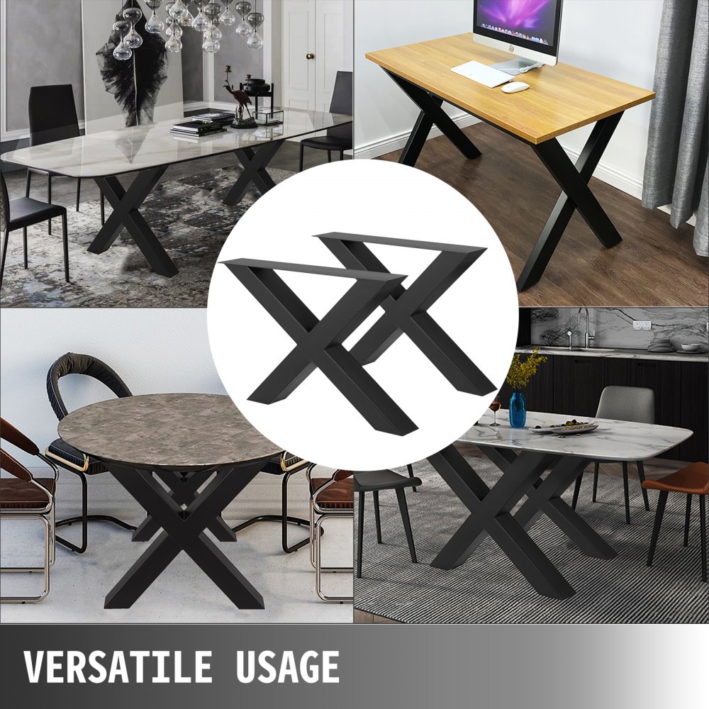Mesas modernas con patas de acero VEVOR exhibidas en varias configuraciones. Uso versátil.