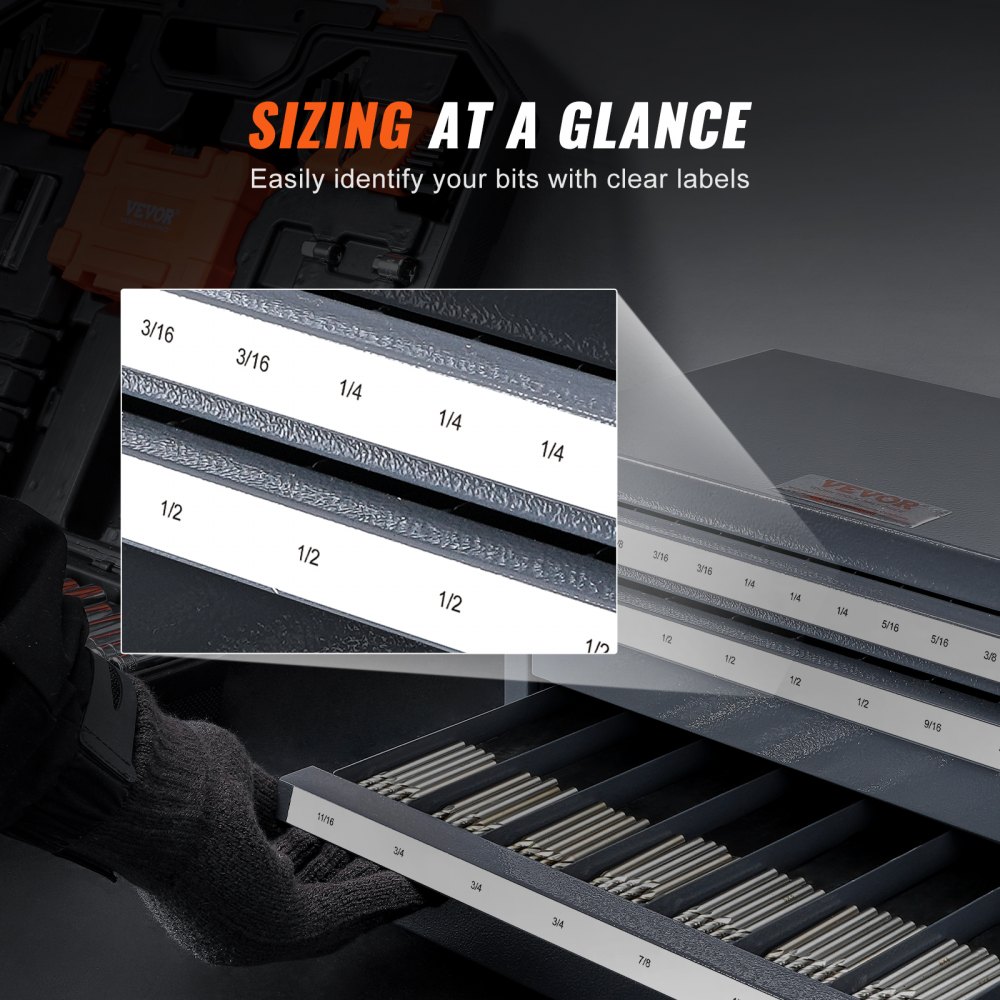 VEVOR Three-Drawer Steel Cabinet for End Mill Organization, Accommodates 1/8" to 1", Features 29 Compartments with Labels, Stackable Design for Efficient Storage