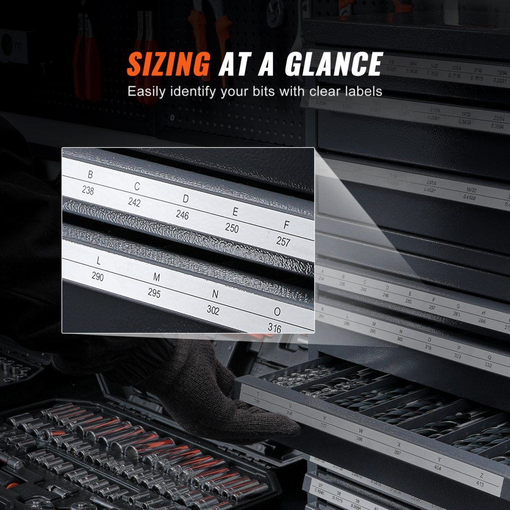Dispensador de brocas VEVOR, 3 piezas: tres cajones para brocas de 1/16" a 1/2" y tamaños de letra de la A a la Z; organizador de brocas de cinco cajones para calibres de alambre del n.° 1 al n.° 60; apilable para almacenar brocas.