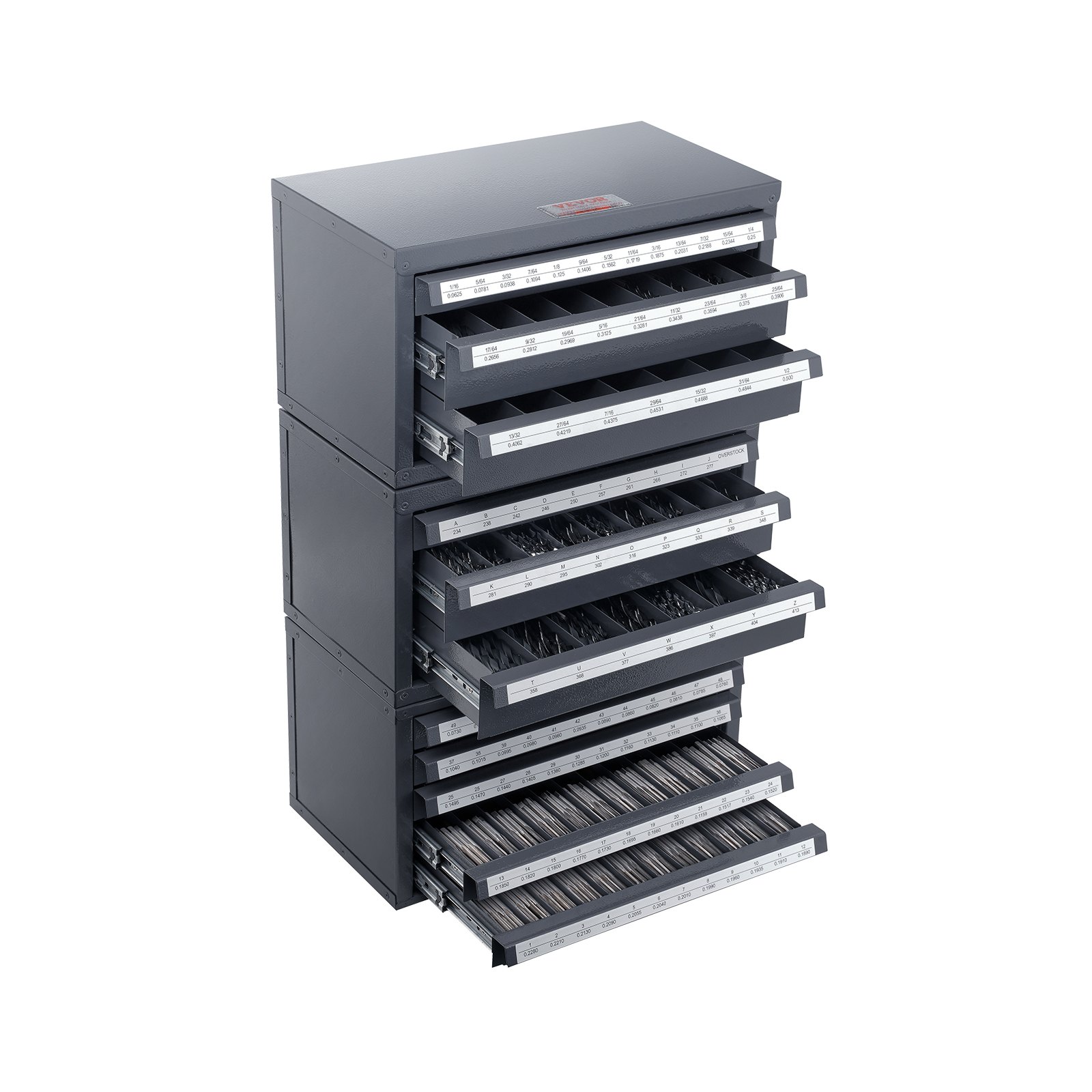 Gabinete dispensador de brocas VEVOR, 3 piezas: tres cajones para brocas de 1/16" a 1/2" y tamaños de letra A a Z, organizador de brocas de cinco cajones para brocas de calibre de alambre #1 a #60, apilable para almacenamiento de brocas