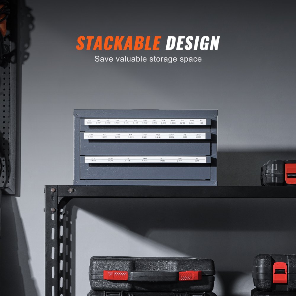 Gabinete dispensador de brocas VEVOR, organizador de brocas de tres cajones para brocas de 1/16" a 1/2", gabinete organizador de brocas de acero con etiquetas, dispensador de brocas apilable para almacenamiento de brocas