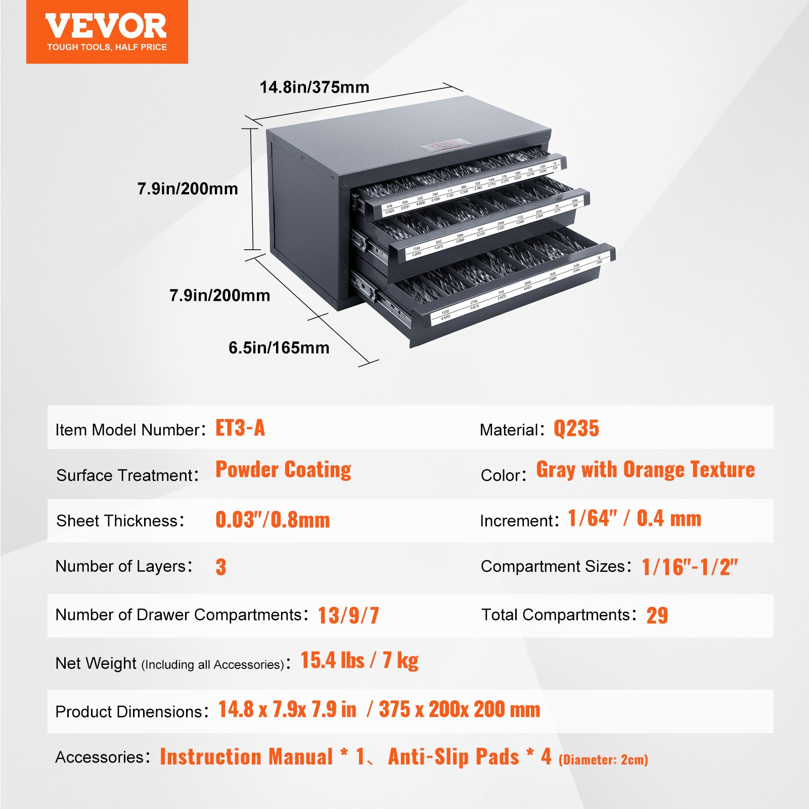 Gabinete dispensador de brocas VEVOR, organizador de brocas de tres cajones para brocas de 1/16" a 1/2", gabinete organizador de brocas de acero con etiquetas, dispensador de brocas apilable para almacenamiento de brocas