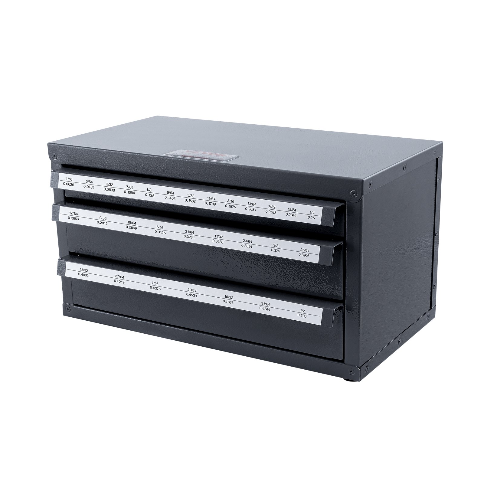 Gabinete dispensador de brocas VEVOR, organizador de brocas de tres cajones para brocas de 1/16" a 1/2", gabinete organizador de brocas de acero con etiquetas, dispensador de brocas apilable para almacenamiento de brocas