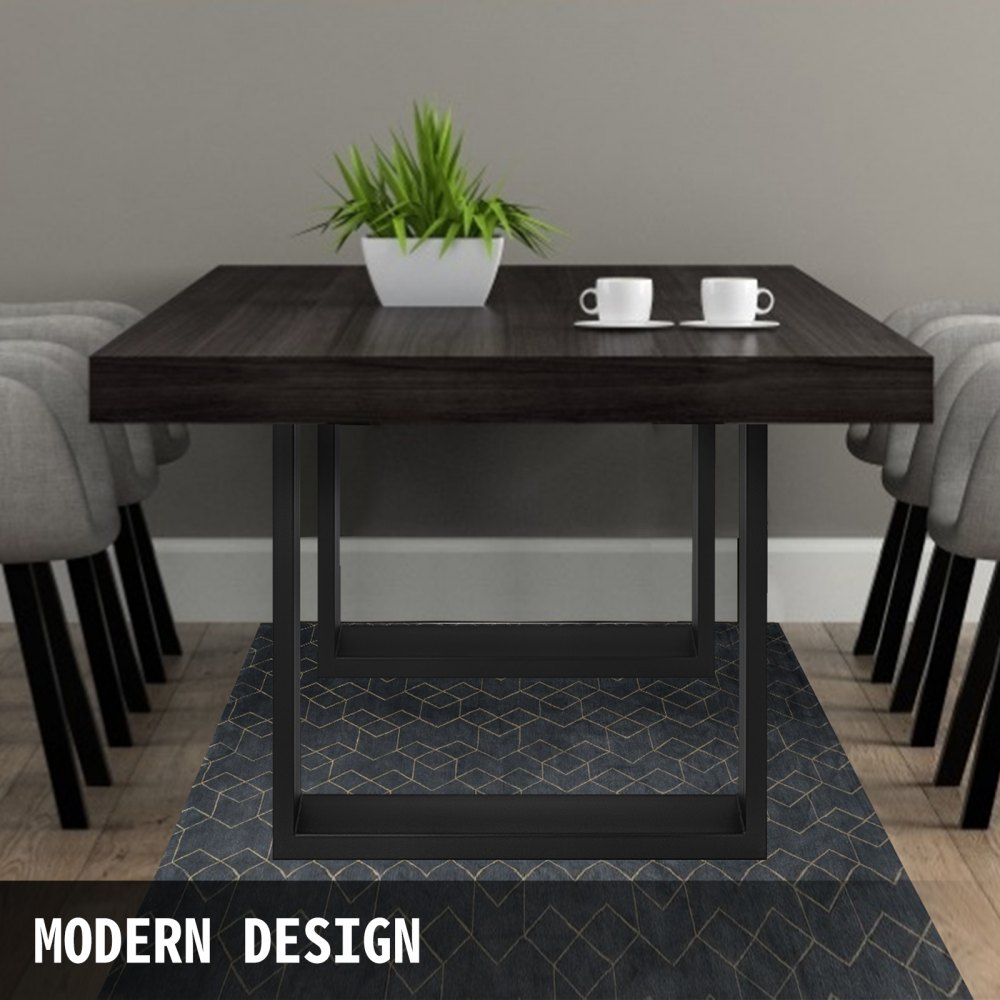 Mesa de comedor moderna con patas de acero VEVOR, tablero de madera oscura y sillas grises.