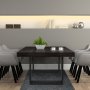 Comedor moderno con patas de mesa de acero VEVOR, sillas grises y elegantes elementos de decoración.