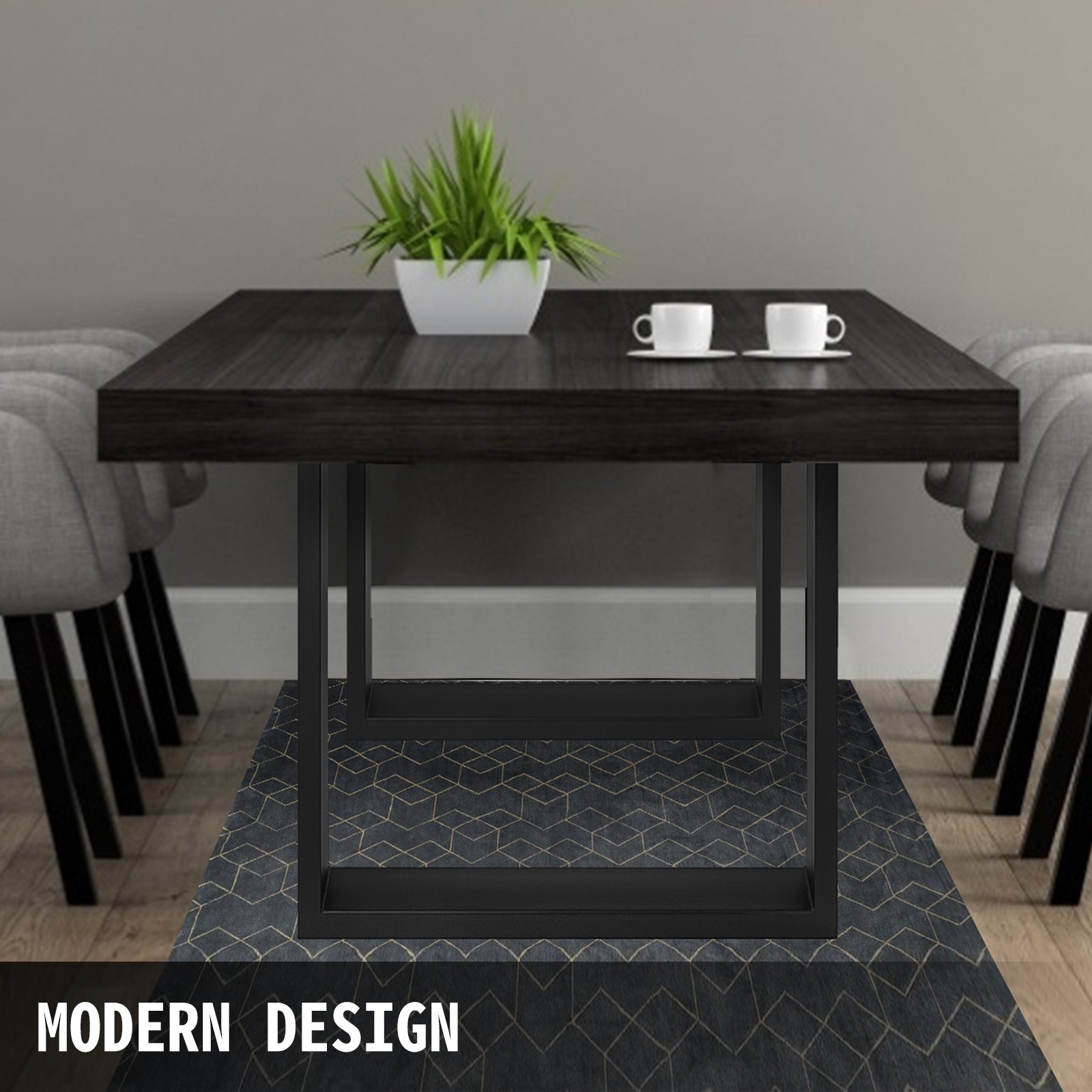 Mesa de comedor moderna con patas de acero VEVOR, tablero de madera oscura y sillas grises.