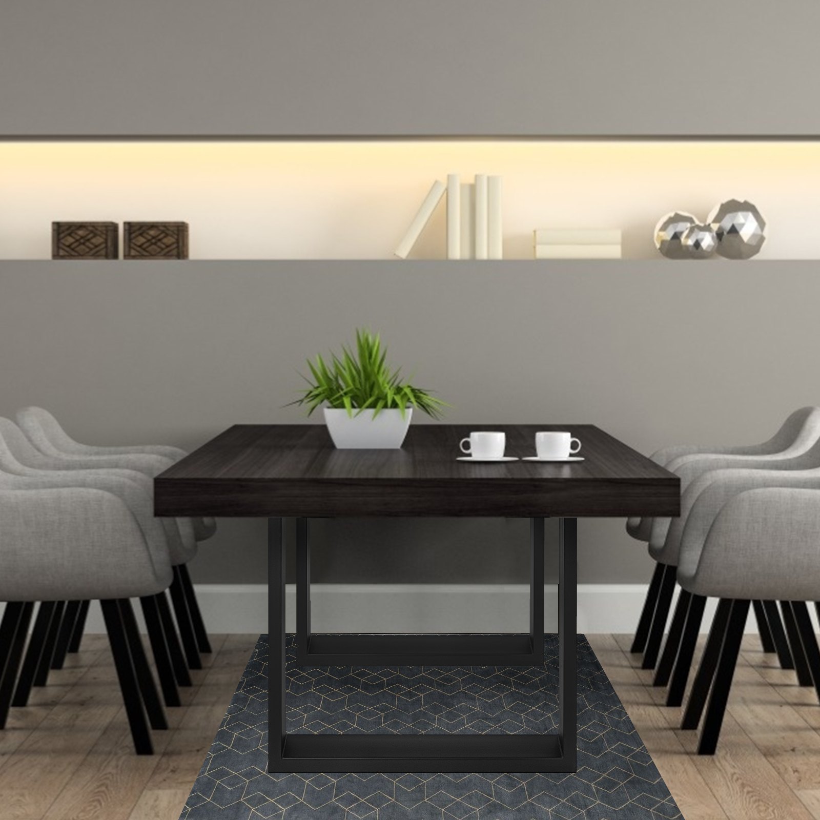 Comedor moderno con patas de mesa de acero VEVOR, sillas grises y elegantes elementos de decoración.