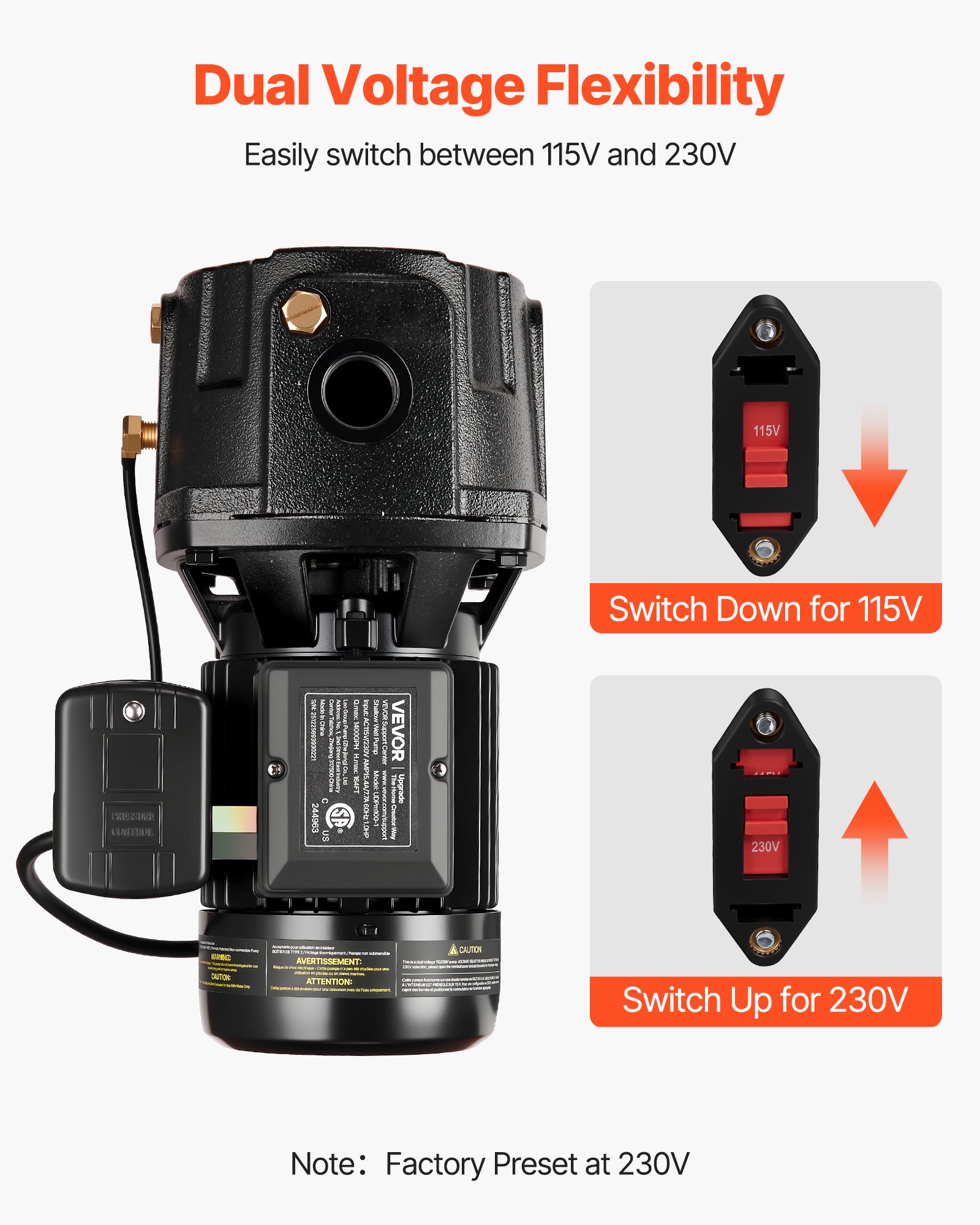 Bomba de chorro para pozos poco profundos VEVOR de 1 HP, CA 115/230 voltios, 1400 GPH, doble voltaje, hierro fundido, con elevación máxima de 164 pies, interruptor de presión automático, para sistemas de riego de jardines y césped.