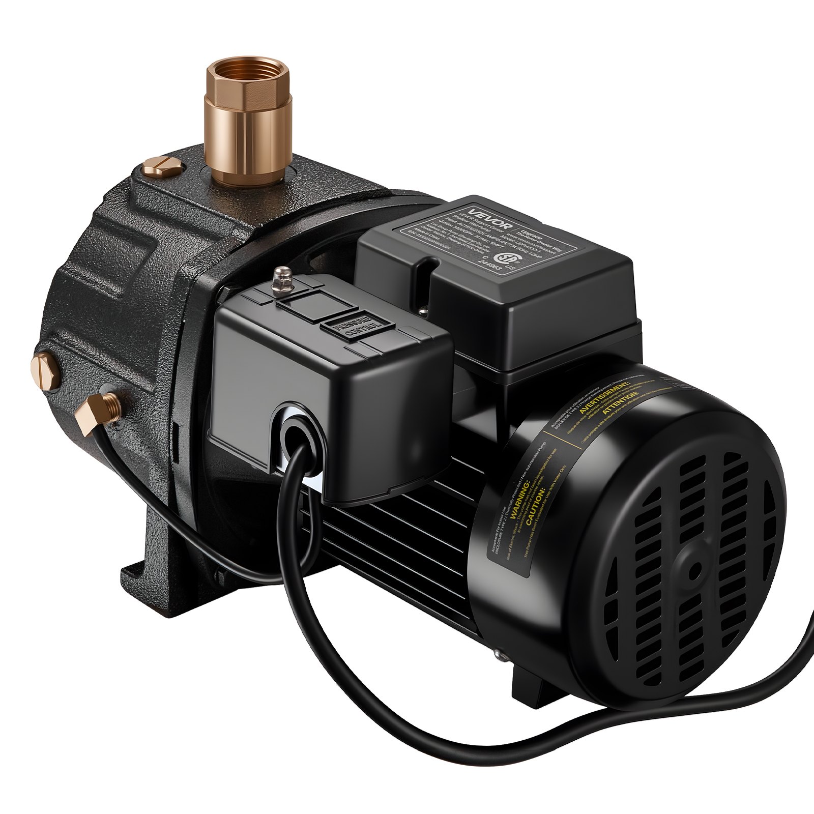 Bomba de chorro para pozos poco profundos VEVOR de 1 HP, CA 115/230 voltios, 1400 GPH, doble voltaje, hierro fundido, con elevación máxima de 164 pies, interruptor de presión automático, para sistemas de riego de jardines y césped.