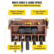 VEVOR Organizador de herramientas eléctricas, soporte para taladro de montaje en pared, 5 ranuras para colgar taladros, estación de carga de taladros, almacenamiento de taladro inalámbrico de 2 estantes, caja de herramientas de madera pulida para sierra, llave, taladro destornillador marrón
