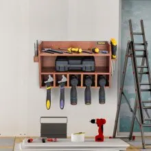 VEVOR Organizador de herramientas eléctricas, soporte para taladro de montaje en pared, 5 ranuras para colgar taladros, estación de carga de taladros, almacenamiento de taladro inalámbrico de 2 estantes, caja de herramientas de madera pulida para sierra, llave, taladro destornillador marrón