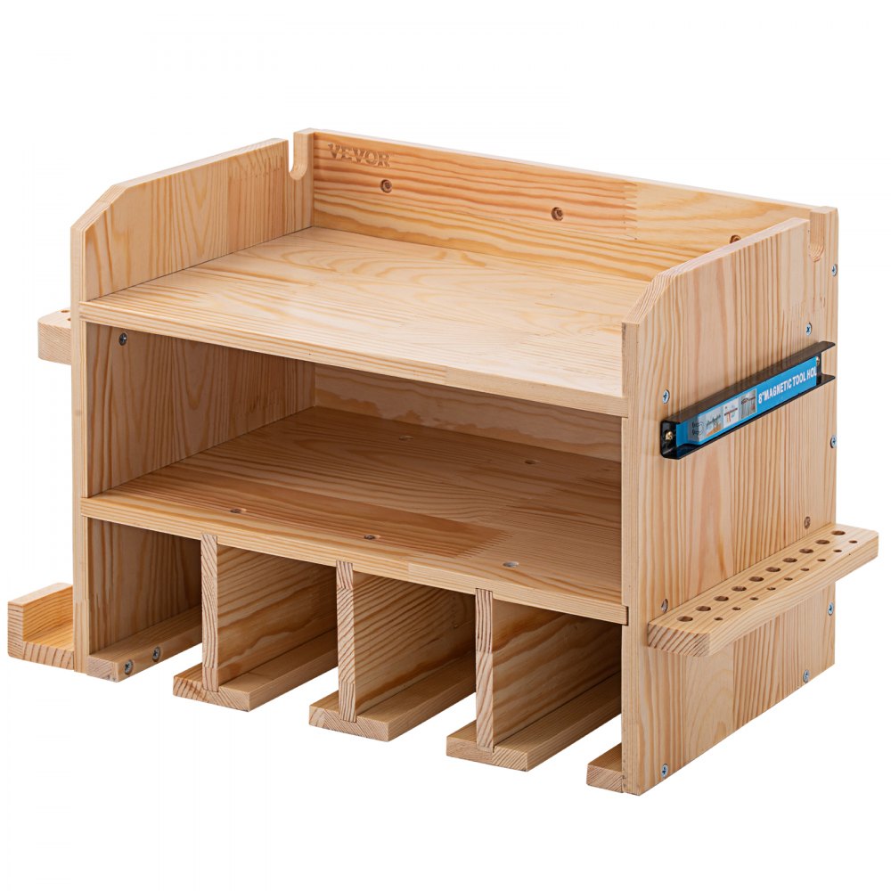Organizador de herramientas eléctricas VEVOR, soporte de pared para taladro, estación de carga para taladro con 4 ranuras para colgar, almacenamiento para taladro inalámbrico con 2 estantes, caja de herramientas de madera pulida para sierra, llave inglesa y destornillador.