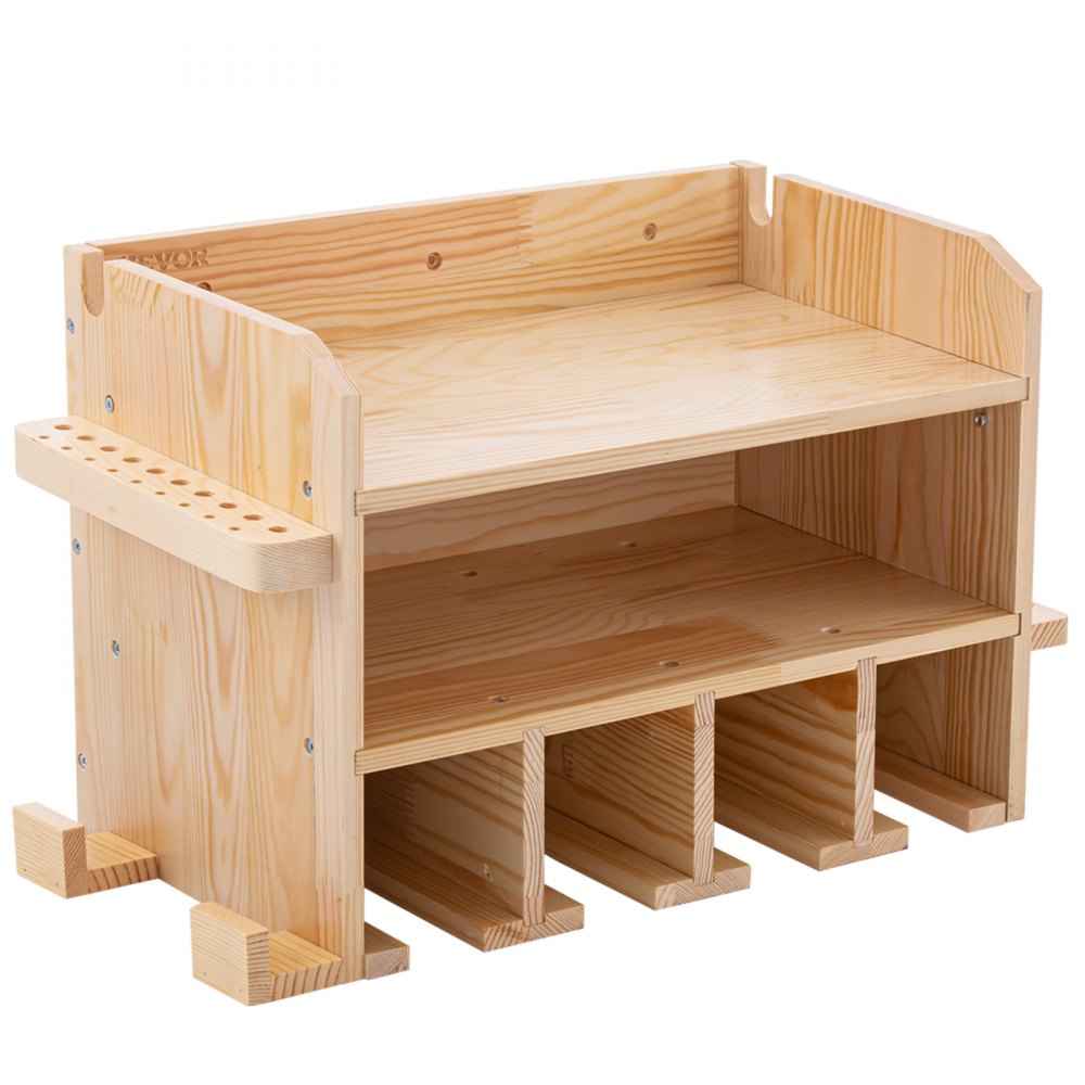Organizador de herramientas eléctricas VEVOR, soporte de pared para taladro, estación de carga para taladro con 4 ranuras para colgar, almacenamiento para taladro inalámbrico con 2 estantes, caja de herramientas de madera pulida para sierra, llave inglesa y destornillador.