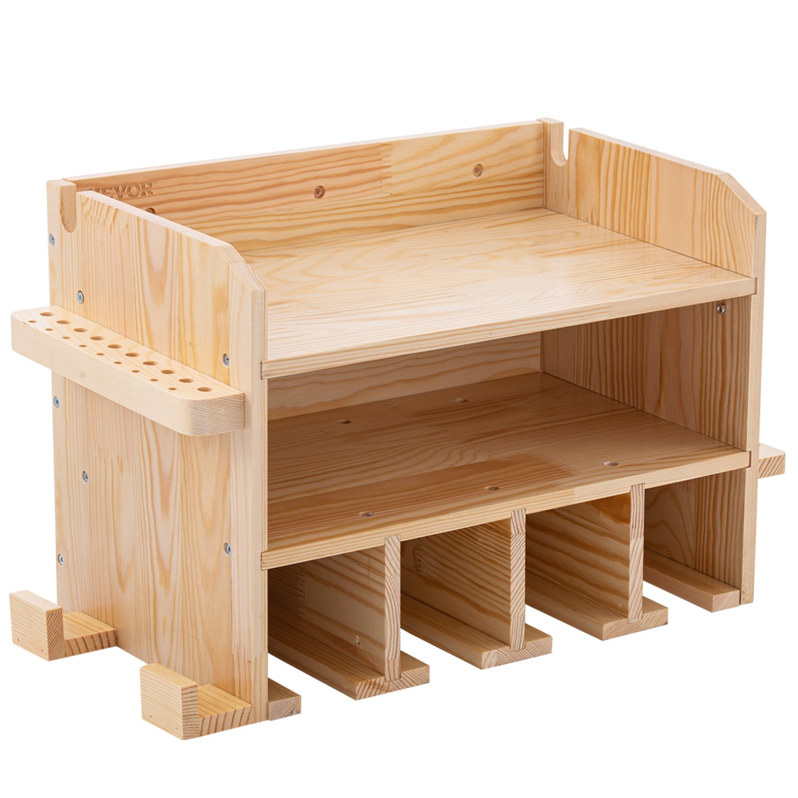 Organizador de herramientas eléctricas VEVOR, soporte de pared para taladro, estación de carga para taladro con 4 ranuras para colgar, almacenamiento para taladro inalámbrico con 2 estantes, caja de herramientas de madera pulida para sierra, llave inglesa y destornillador.