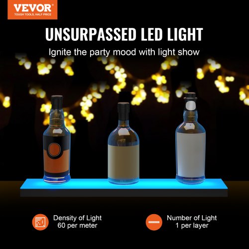 Estante de barra de exhibición de botella de licor con luz LED VEVOR Control de RF y aplicación 24 "1 paso