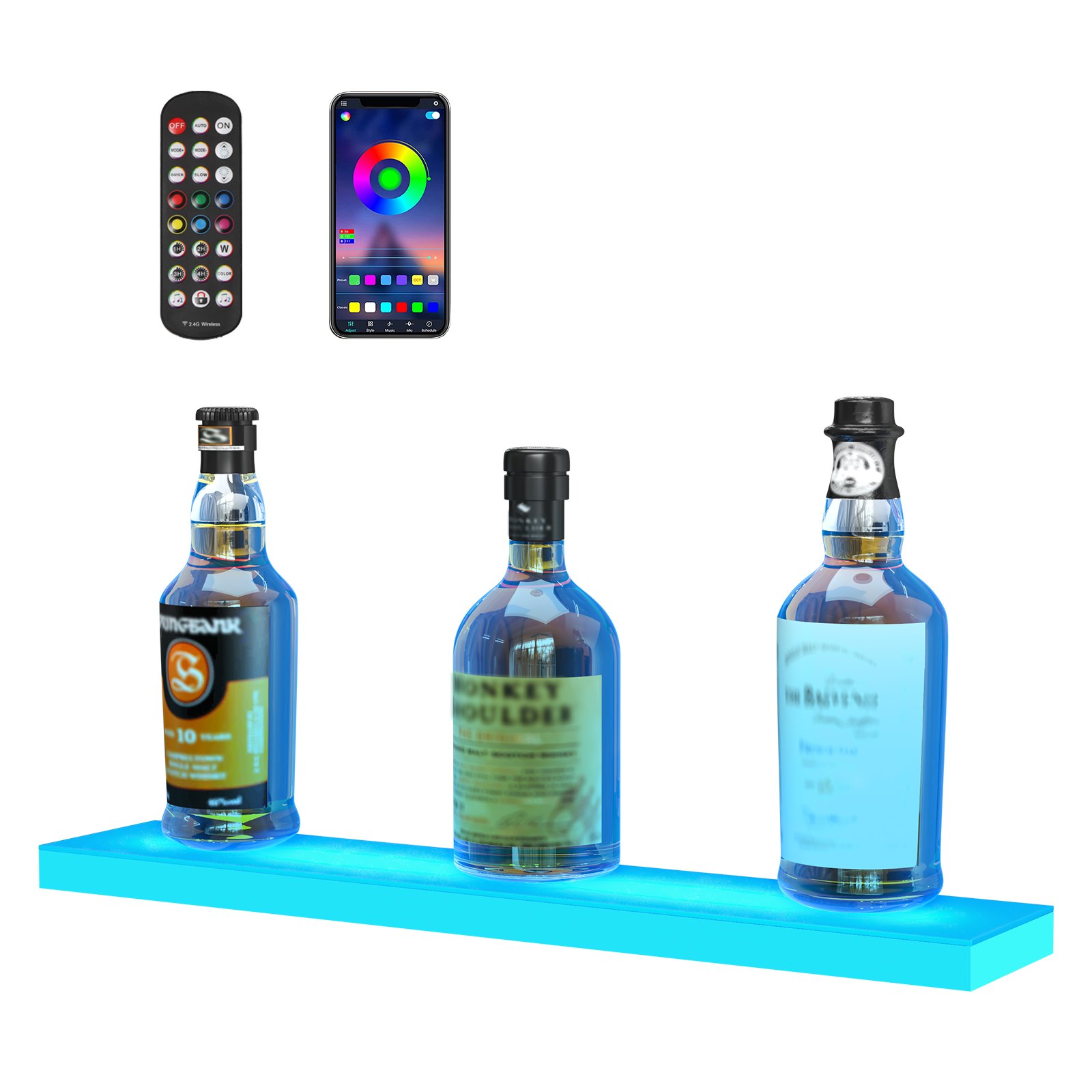 Estante de barra LED VEVOR con botellas, control remoto y aplicación de rueda de colores que muestra el teléfono inteligente.