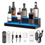 Estante de barra LED VEVOR con múltiples botellas de licor, control remoto, sacacorchos y accesorios.