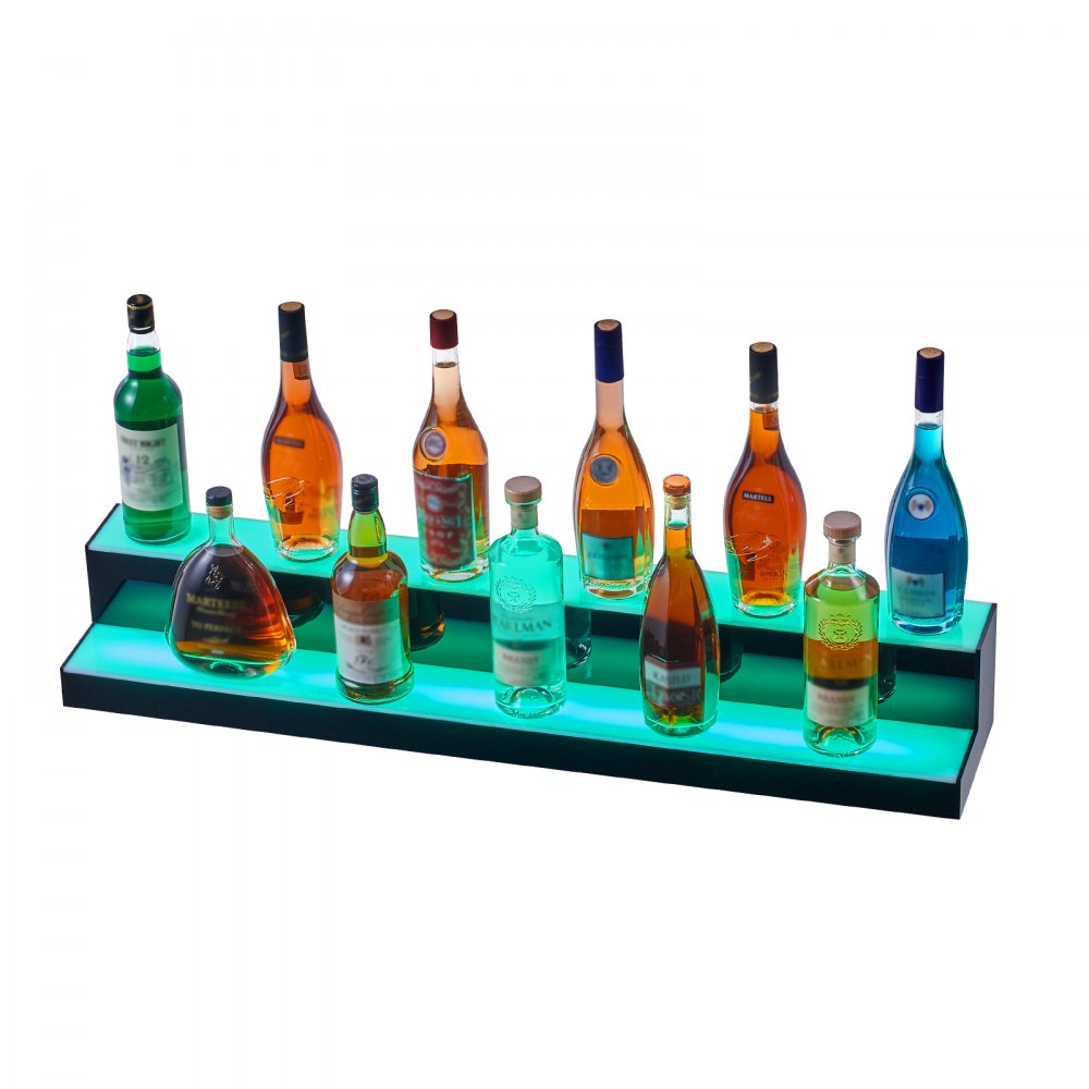 Estante para licores iluminado con LED VEVOR que muestra varias botellas con retroiluminación azul.
