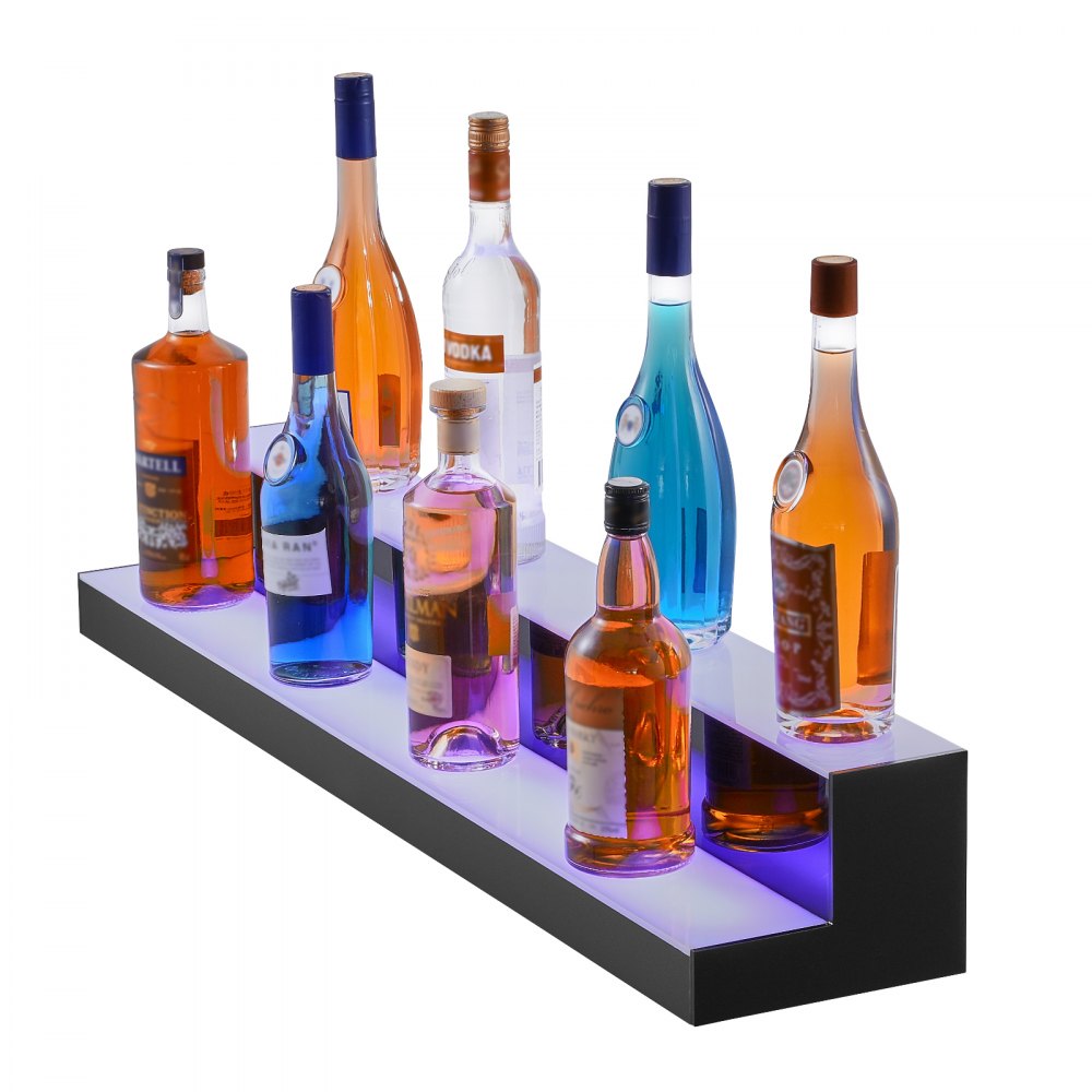 Estante para licores iluminado con LED VEVOR que muestra varias botellas en una elegante plataforma escalonada iluminada.