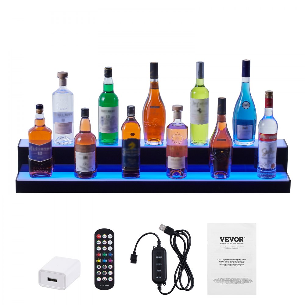 Estante para licores iluminado con LED VEVOR con control remoto, adaptador de corriente, manual de usuario y cable USB.