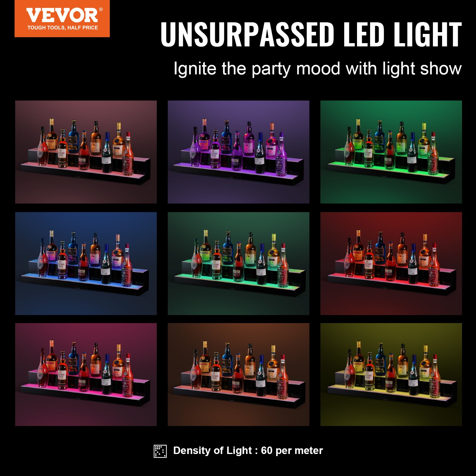 Estante para licores iluminado con LED VEVOR que muestra varias botellas en una exhibición de tres niveles con efectos brillantes.