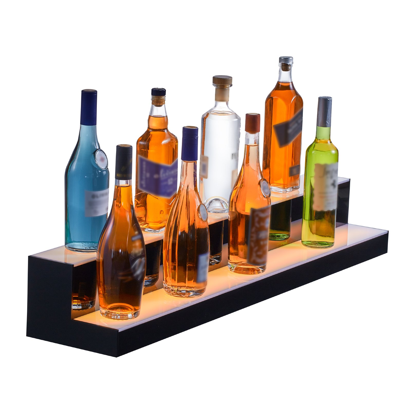 Botellas de licor de colores exhibidas en un estante para licores iluminado con LED VEVOR con un fondo iluminado en azul.