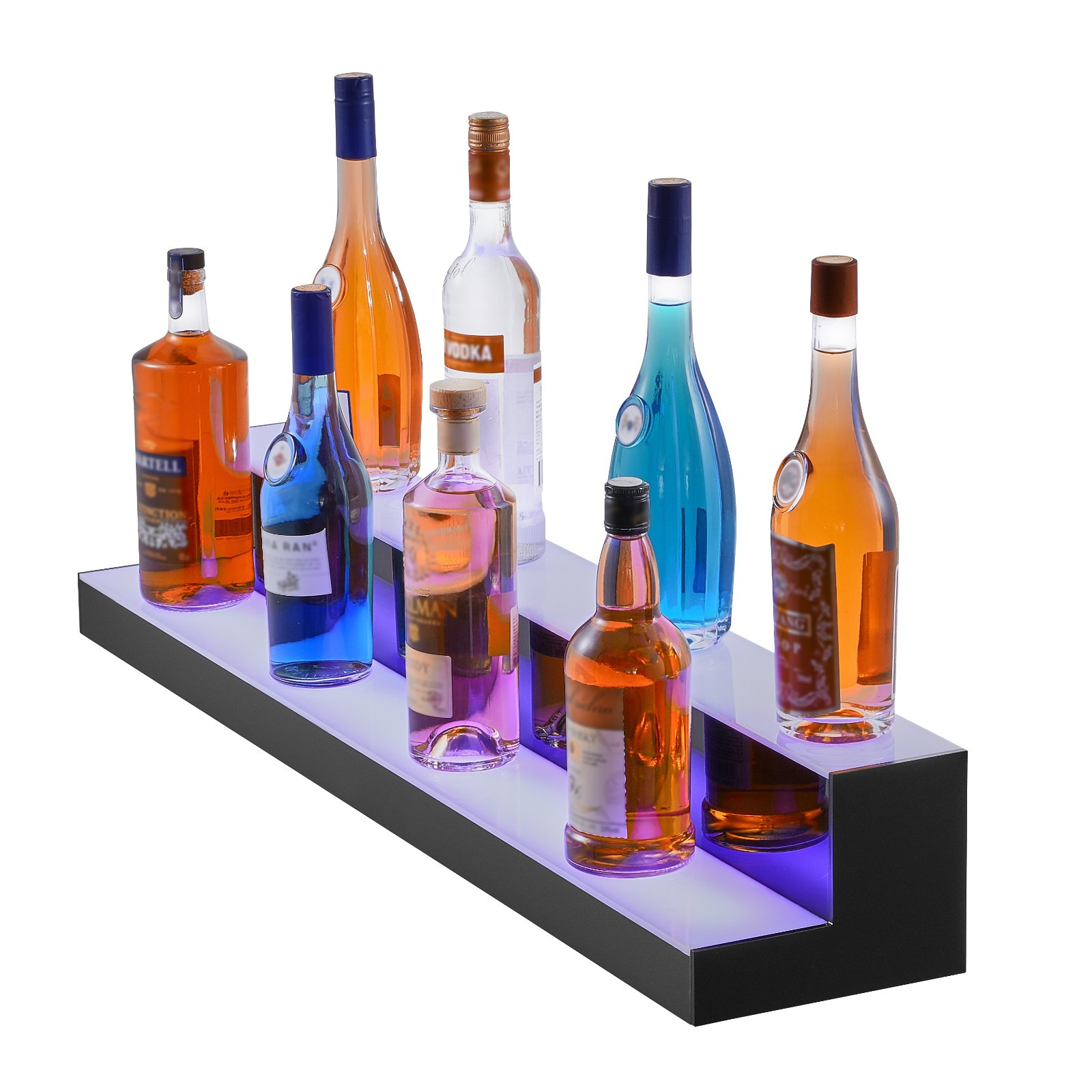 Estante para licores iluminado con LED VEVOR que muestra varias botellas en una elegante plataforma escalonada iluminada.