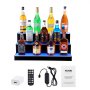 Exhibidor de botellas de licor iluminado con LED VEVOR con control remoto, adaptador de corriente, manual de usuario y cable USB.