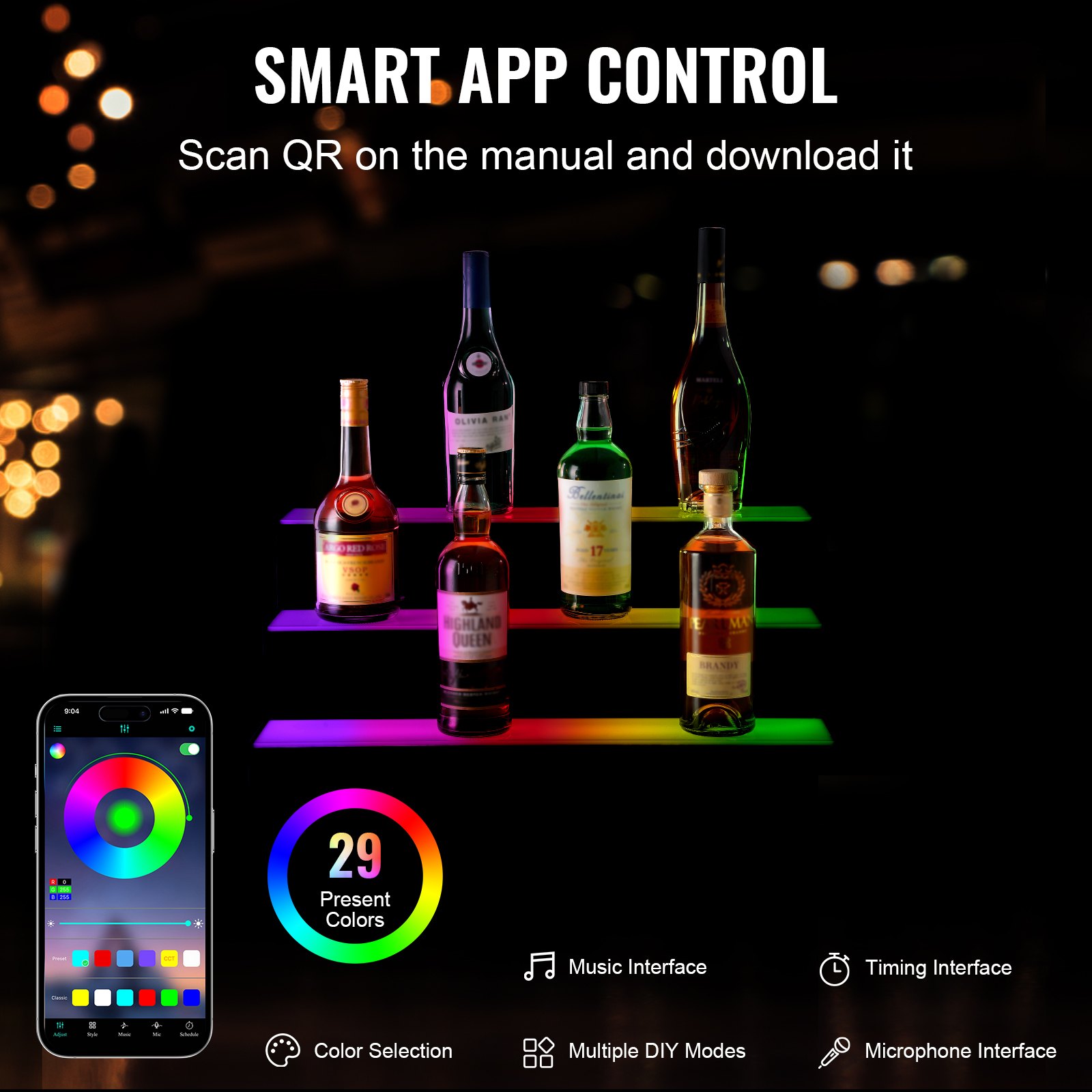 Exhibidor de botellas de licor iluminado con LED VEVOR con iluminación multicolor, control remoto RF y control dual de aplicación.