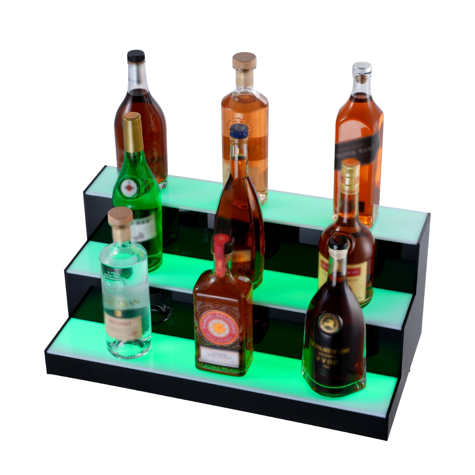 Exhibidor de botellas de licor de tres niveles con iluminación LED VEVOR con botellas de licor surtidas en estantes iluminados en azul