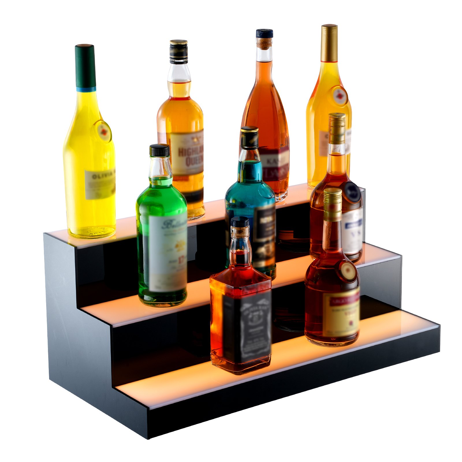 El expositor de botellas de licor iluminado con LED VEVOR muestra las botellas en un soporte iluminado de 3 niveles.