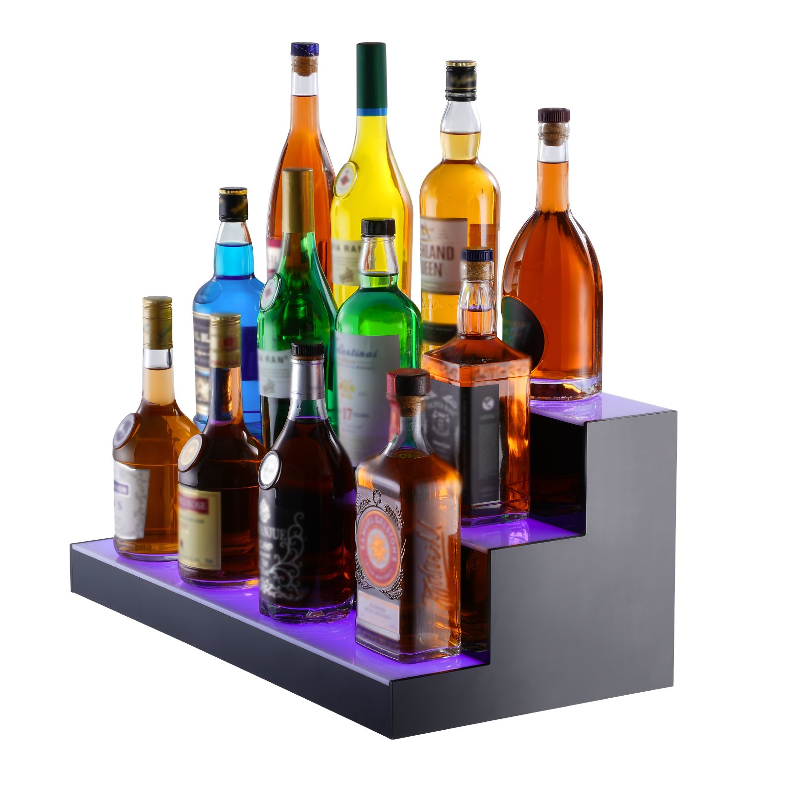 Exhibidor de botellas de licor iluminado con LED VEVOR con botellas en una plataforma iluminada de tres niveles.