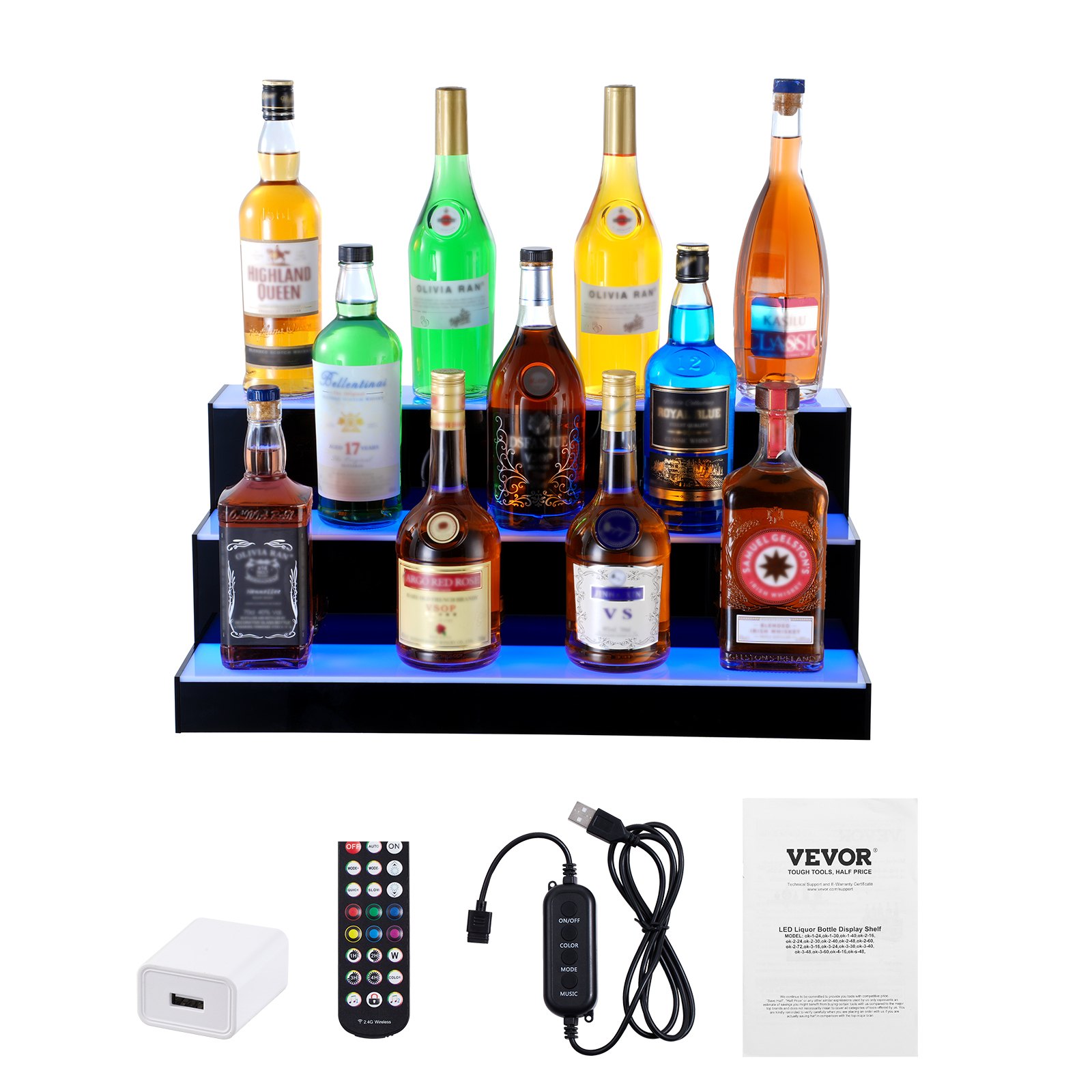 Exhibidor de botellas de licor iluminado con LED VEVOR con control remoto, adaptador de corriente, manual de usuario y cable USB.