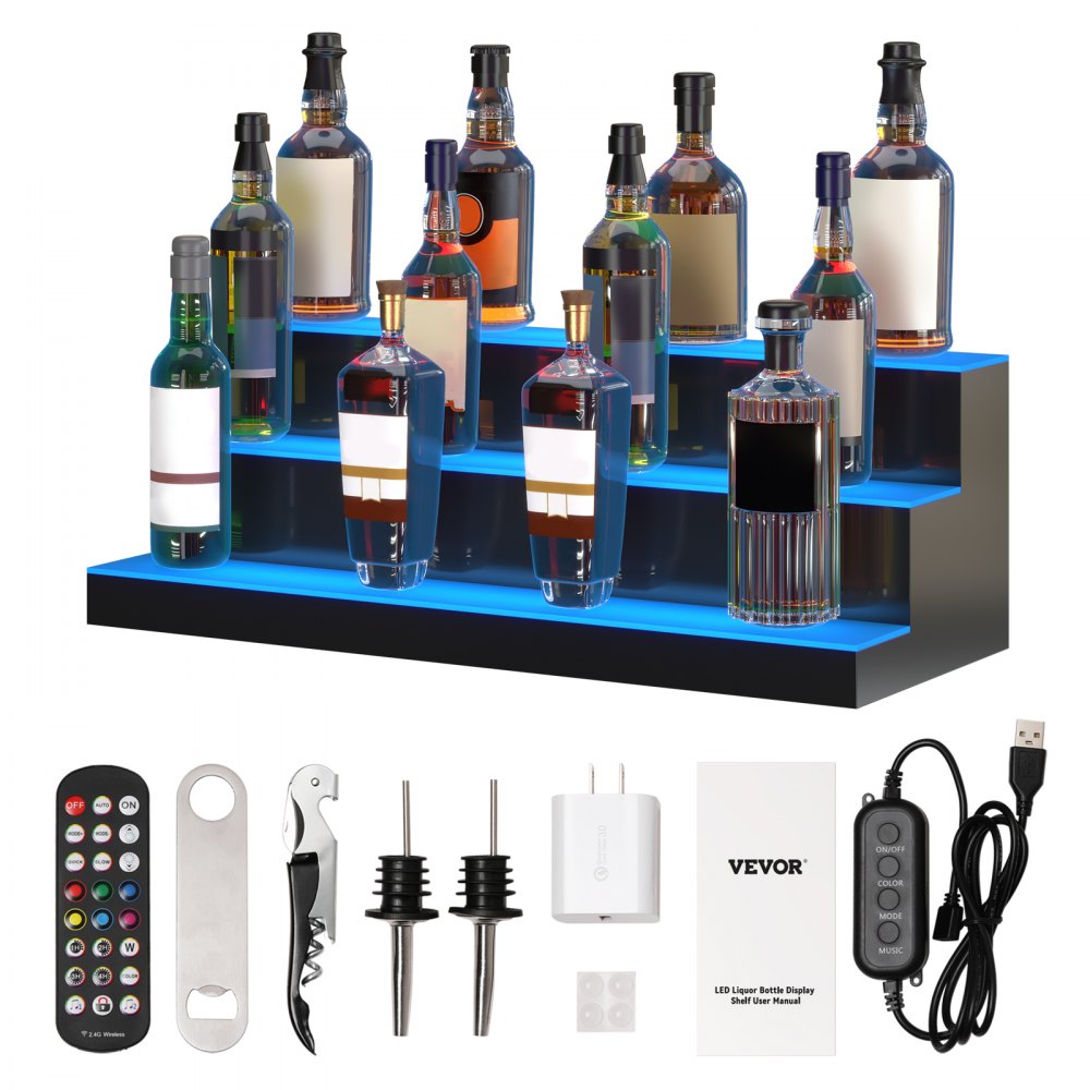 Estante de barra de exhibición de botella de licor con luz LED VEVOR Control de RF y aplicación 30 "3 pasos