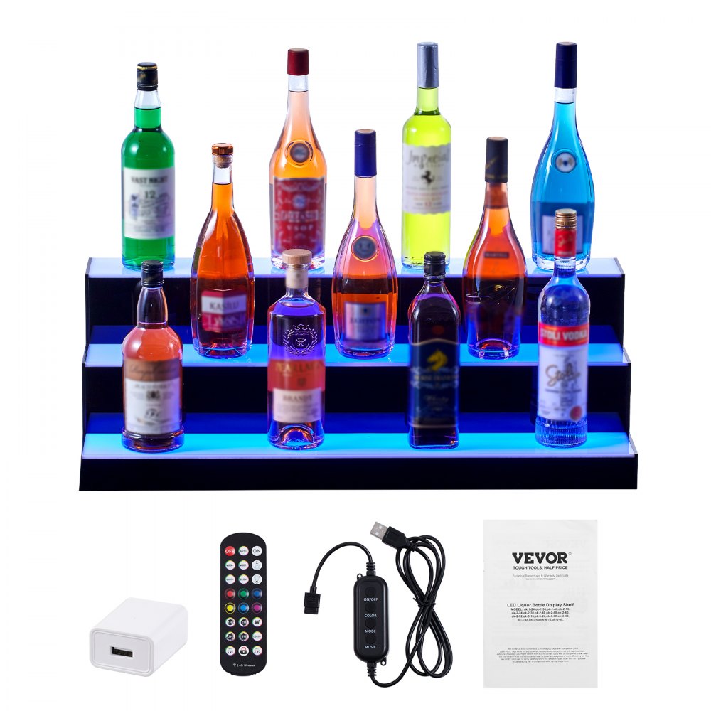Estante de barra LED VEVOR de tres niveles con control remoto, adaptador de corriente, manual y panel de control con cable USB.