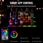 Estante de barra LED VEVOR multicolor con botellas, control remoto RF y aplicación que muestra varias funciones y controles.