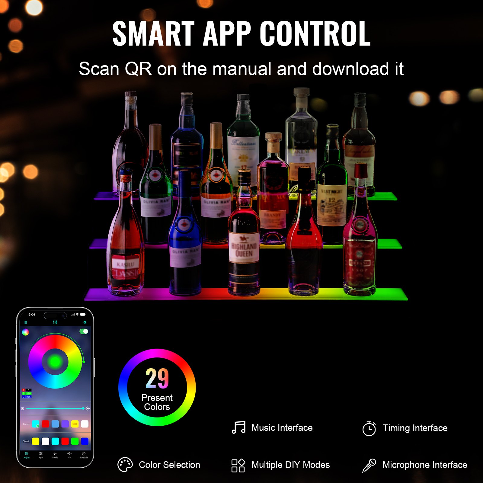 Estante de barra LED VEVOR multicolor con botellas, control remoto RF y aplicación que muestra varias funciones y controles.