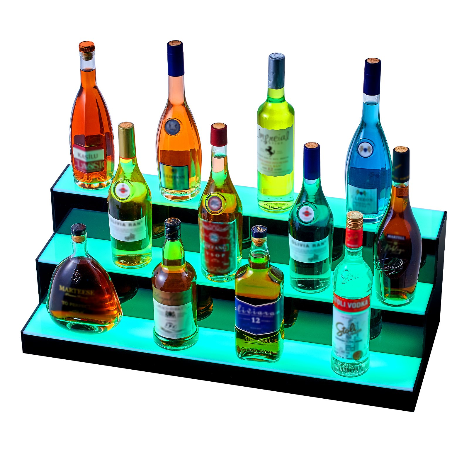 Estante de barra LED VEVOR que muestra varias botellas de licor en tres niveles iluminados con luz azul.