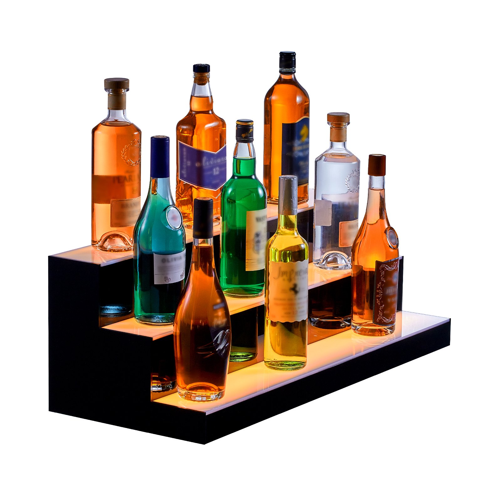 Botellas de licor variadas exhibidas en un estante de barra de tres niveles con luz LED VEVOR azul.