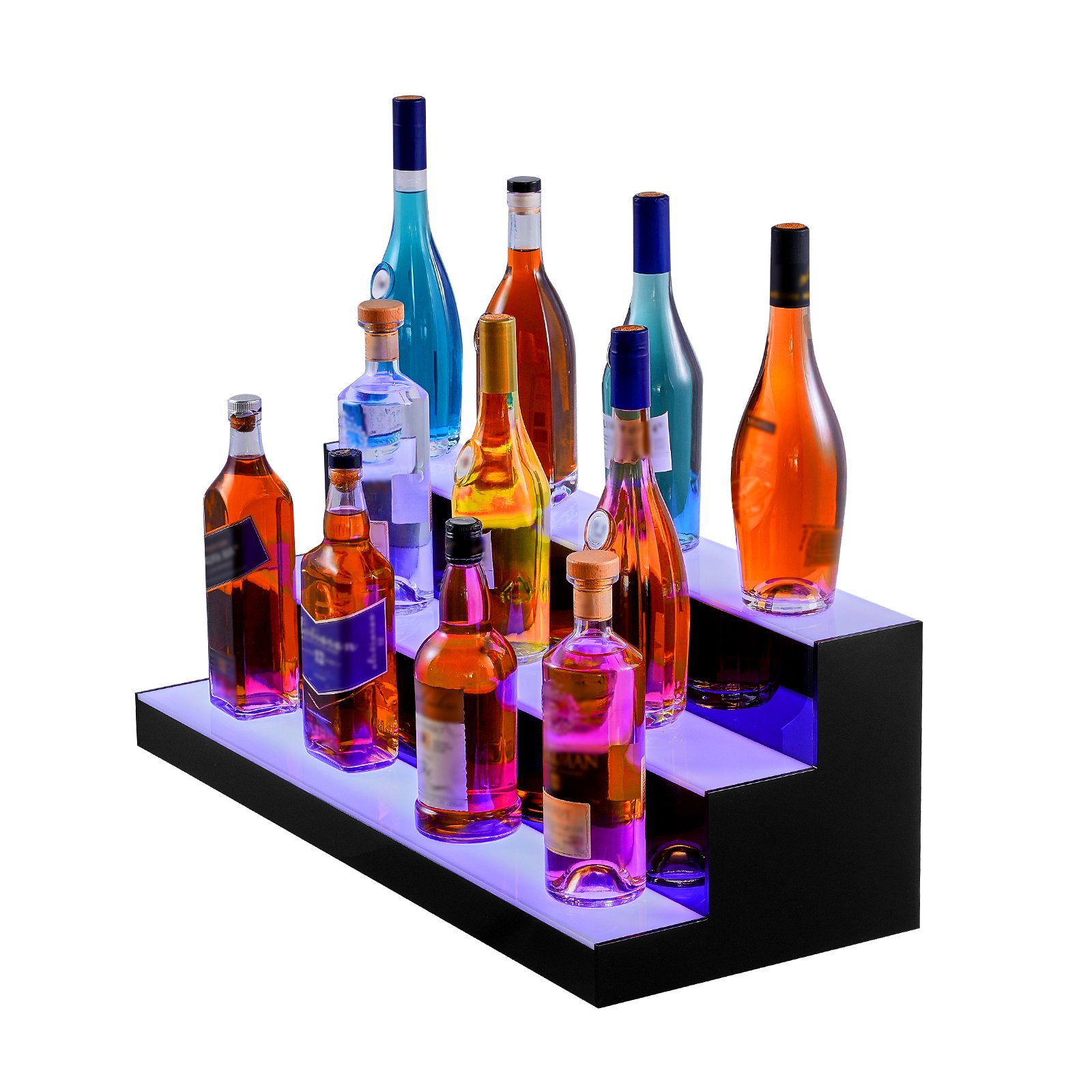 Estante de barra LED VEVOR de tres niveles que muestra varias botellas de licor sobre una superficie azul brillante.