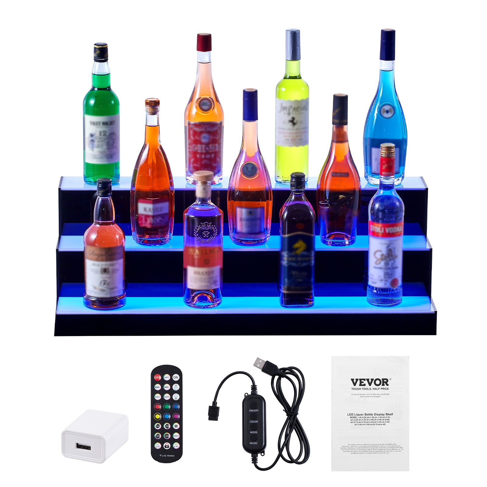 Estante de barra LED VEVOR de tres niveles con control remoto, adaptador de corriente, manual y panel de control con cable USB.