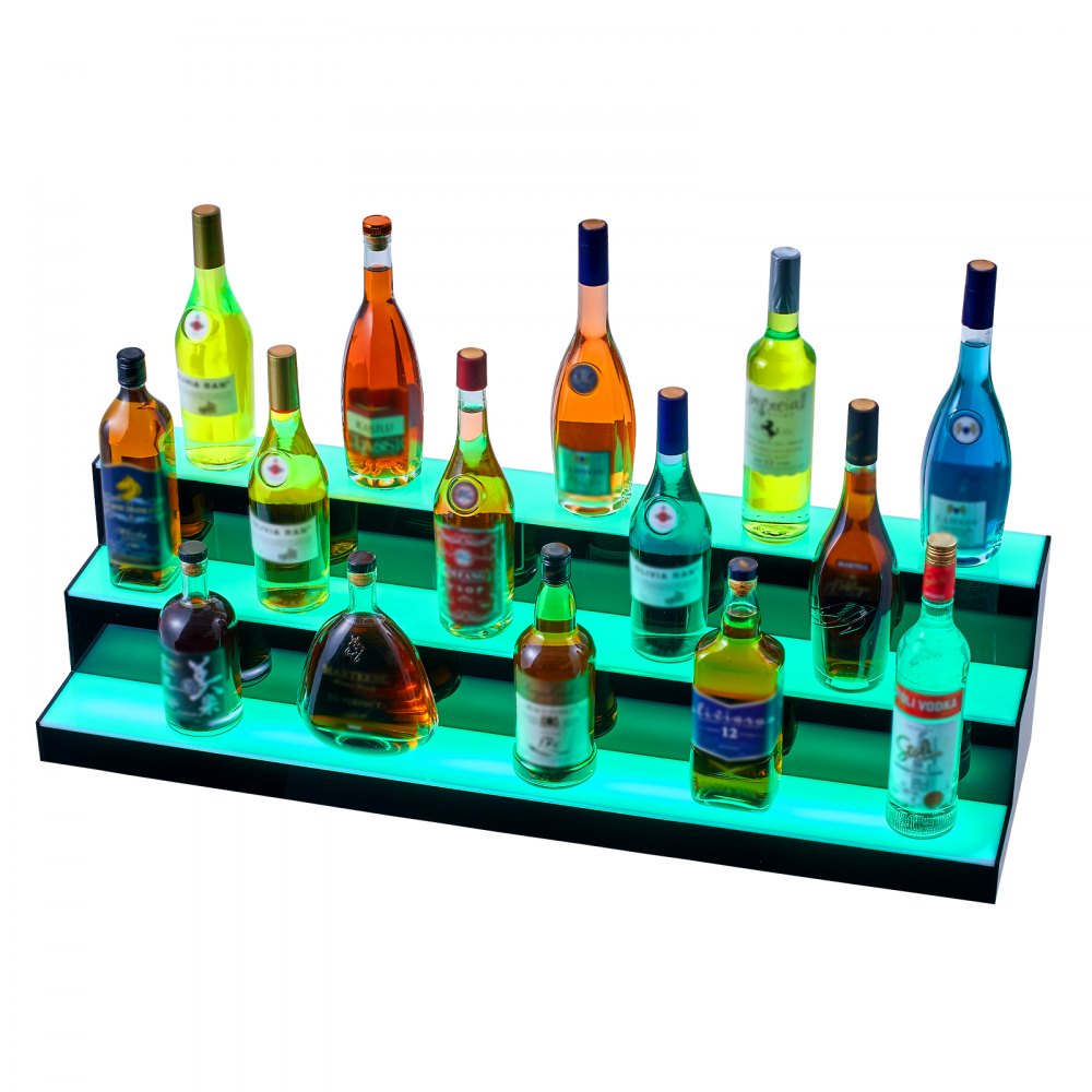 Botellas de licor exhibidas en el expositor de botellas de licor iluminado con LED VEVOR con estantes de tres niveles.