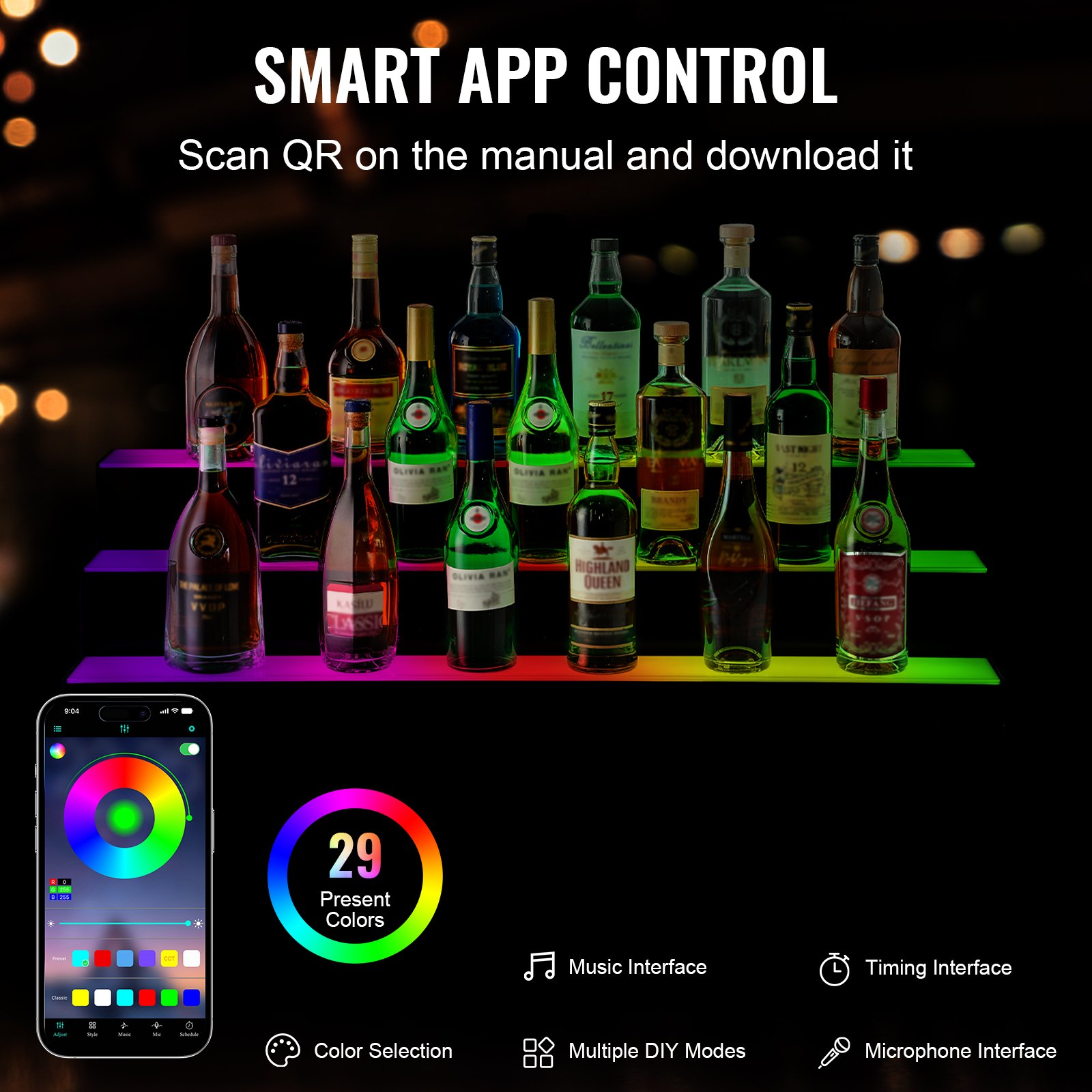 Exhibidor de botellas de licor LED VEVOR controlado por aplicación y control remoto RF con cambio de color, control de velocidad y modo de música.