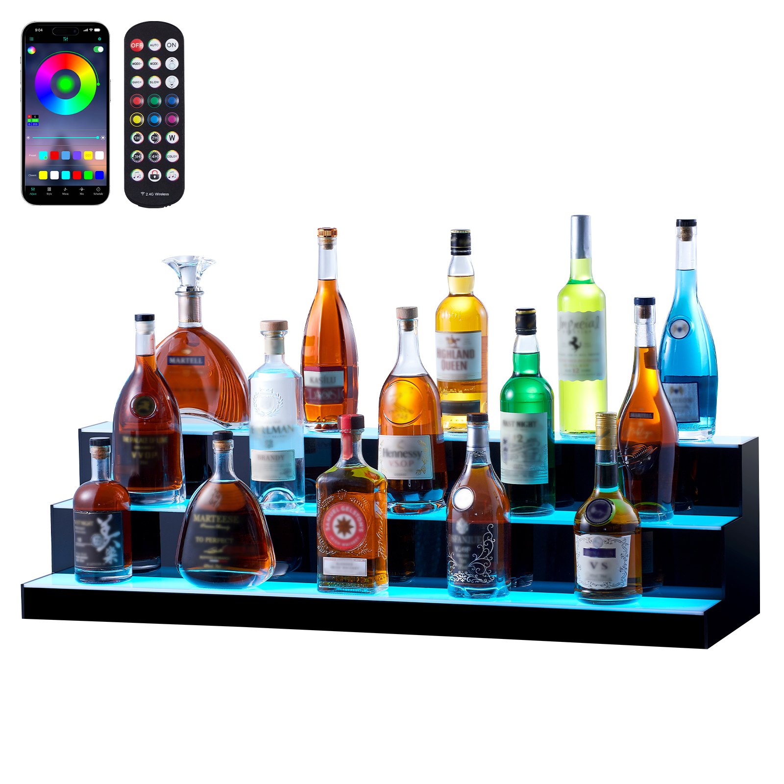 Exhibidor de botellas de licor LED VEVOR con control remoto, sacacorchos, cargador USB y vertedores de botellas.