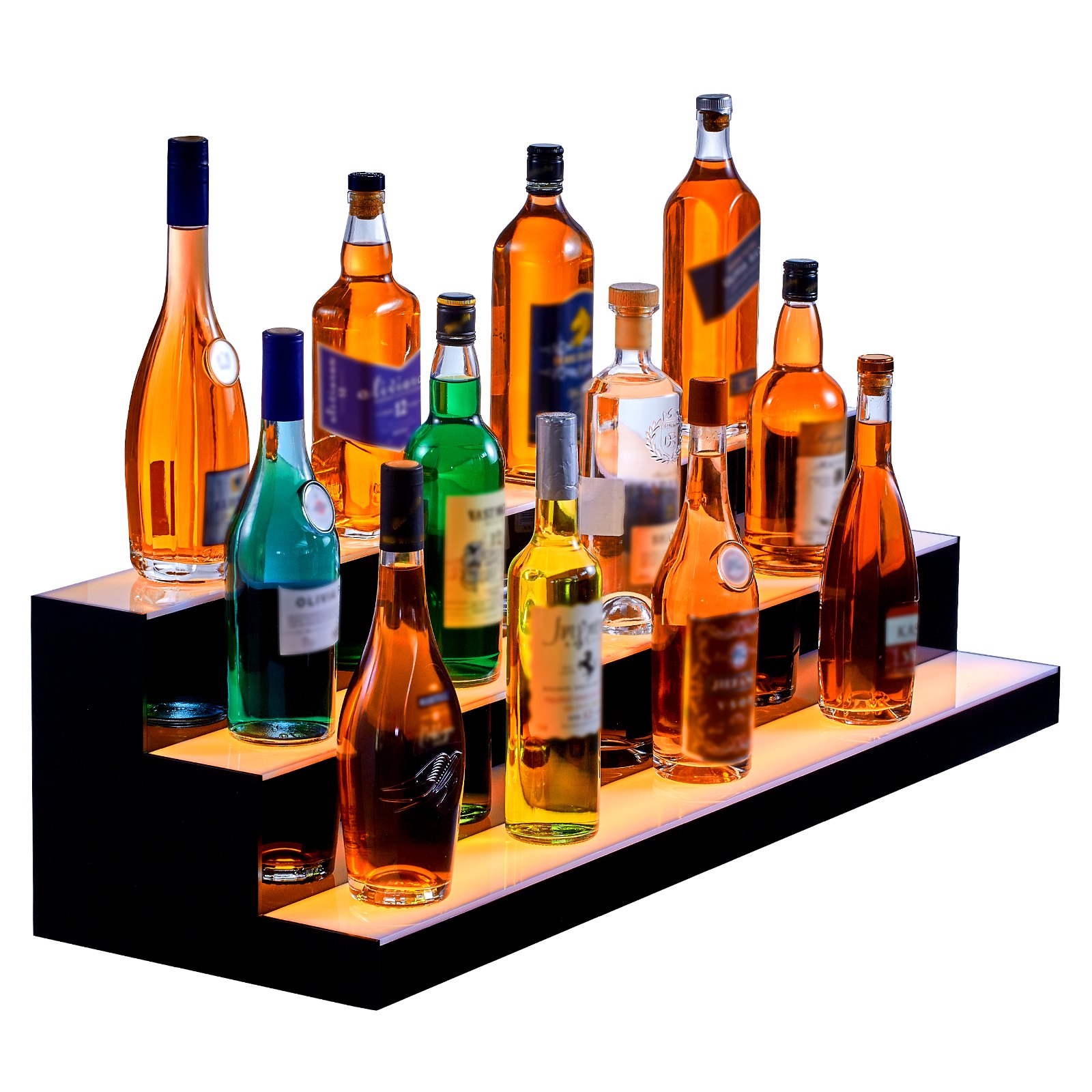 Exhibidor de botellas de licor LED VEVOR que presenta varias botellas iluminadas en estantes azules y negros.